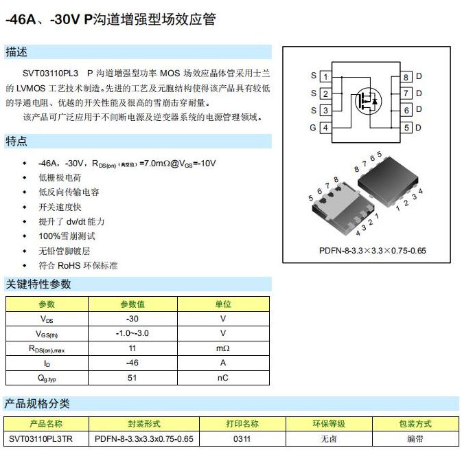 SVT03110PL3 30V增強(qiáng)型p-mos管